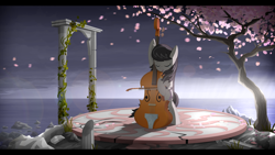 Size: 1920x1080 | Tagged: safe, artist:gign-3208, character:octavia melody, bipedal, bow (instrument), cello, cherry blossoms, crying, eyes closed, female, musical instrument, open mouth, ruins, scenery, solo, wallpaper