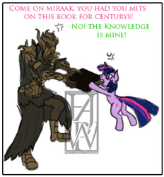 Size: 978x1053 | Tagged: safe, artist:wittless-pilgrim, character:twilight sparkle, angry, arcane arts, arcane magic, armor, black book, book, bookhorse, explicit source, fight, forbidden knowledge, glare, hoof hold, mask, miraak, needs more jpeg, open mouth, photoshop, pulling, skyrim, that pony sure does love books, the elder scrolls, watermark