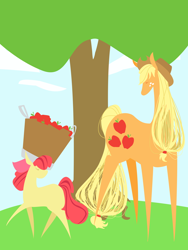 Size: 3000x4000 | Tagged: safe, artist:kicked-in-teeth, character:apple bloom, character:applejack, species:earth pony, species:pony, apple, blank flank, bow, clothing, cowboy hat, cutie mark, female, filly, foal, food, hair bow, hat, lineless, mare, pointy ponies, tree