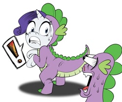 Size: 1000x839 | Tagged: safe, artist:blue-von, character:rarity, character:spike, species:dragon, species:pony, species:unicorn, awkward, bipedal, caught, clothing, cosplay, costume, dragon costume, exclamation point, female, footed sleeper, mare, nosebleed, pajamas, shocked, spike costume, sweat, wild take