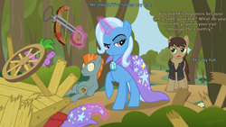 Size: 2880x1620 | Tagged: safe, artist:diggerstrike, character:trixie, oc, species:pony, species:unicorn, carriage, clothing, crossbow, crushed, discworld, female, hat, mare, the last continent, trixie's cape, trixie's hat, wrecked