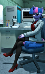 Size: 2160x3550 | Tagged: safe, artist:reufmet, character:twilight sparkle, species:anthro, species:plantigrade anthro, 3d, female, glasses, high heels, laboratory, looking at you, solo, source filmmaker