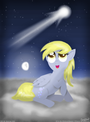 Size: 1400x1900 | Tagged: safe, artist:bvsquare, character:derpy hooves, species:pegasus, species:pony, cloud, comet, female, mare, moon, solo