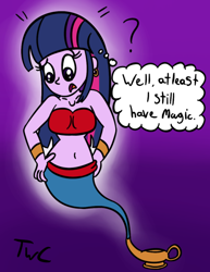 Size: 500x647 | Tagged: safe, artist:tellywebcartoons, character:twilight sparkle, species:human, my little pony:equestria girls, 30 minute art challenge, armband, bandeau, belly button, ear piercing, earring, female, genie, geniefied, humanized, jewelry, midriff, piercing, solo, waistband