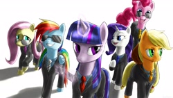Size: 1920x1080 | Tagged: safe, artist:rautakoura, character:applejack, character:fluttershy, character:pinkie pie, character:rainbow dash, character:rarity, character:twilight sparkle, businessmare, classy, clothing, grin, happy, jumping, magic, mane six, necktie, smiling, suit, sunglasses, telekinesis