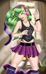 Size: 1998x3200 | Tagged: safe, artist:aspirantedeartista, character:lemon zest, equestria girls:friendship games, g4, my little pony: equestria girls, my little pony:equestria girls, air guitar, belt, bracelet, breasts, clothing, crystal prep shadowbolts, devil horn (gesture), eyes closed, female, headphones, human coloration, jewelry, knotted, listening, metal as fuck, midriff, motorhead, music, open mouth, pleated skirt, signature, skirt, solo