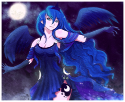 Size: 1000x813 | Tagged: safe, artist:songoftheshoebox, character:princess luna, species:human, clothing, evening gloves, female, gloves, humanized, long gloves, moon, night, solo, winged humanization