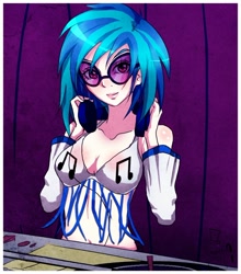 Size: 700x797 | Tagged: safe, artist:songoftheshoebox, character:dj pon-3, character:vinyl scratch, species:human, cleavage, female, headphones, humanized, looking at you, solo, turntable