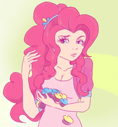 Size: 566x607 | Tagged: safe, artist:songoftheshoebox, character:pinkie pie, species:human, cupcake, female, food, humanized, solo, why can't i hold all these x