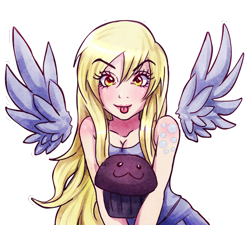 Size: 686x617 | Tagged: safe, artist:songoftheshoebox, character:derpy hooves, species:human, :3, alternative cutie mark placement, female, humanized, looking at you, muffin, solo, tongue out, winged humanization