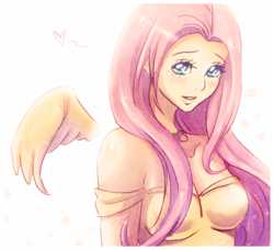 Size: 600x548 | Tagged: safe, artist:songoftheshoebox, character:fluttershy, species:human, breasts, busty fluttershy, female, humanized, solo, winged humanization