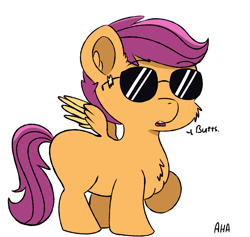 Size: 1900x1800 | Tagged: safe, artist:an-honest-appul, character:scootaloo, newbie artist training grounds, butts, chest fluff, female, missing cutie mark, simple background, solo, sunglasses, white background