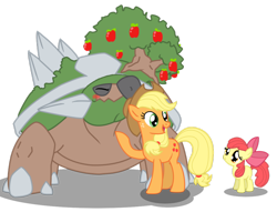 Size: 900x687 | Tagged: safe, artist:seaandsunshine, character:apple bloom, character:applejack, species:earth pony, species:pony, apple tree, chin scratch, crossover, eyes closed, female, filly, mare, pokémon, simple background, torterra, transparent background, tree, vector