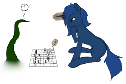 Size: 1280x850 | Tagged: safe, artist:anonpony1, artist:jedi, artist:jedi515, edit, oc, oc only, oc:starlight blossom, species:pony, species:unicorn, chess, chessboard, color edit, colored, magic, playing, simple background, sitting, tentacles, thinking