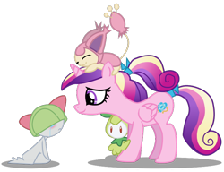 Size: 720x552 | Tagged: safe, artist:seaandsunshine, character:princess cadance, species:alicorn, species:pony, bow, crossover, crying, cute, female, hair bow, mare, petilil, pokémon, ralts, simple background, skitty, teen princess cadance, transparent background, vector, younger