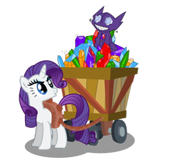 Size: 1132x1072 | Tagged: safe, artist:seaandsunshine, character:rarity, species:pony, species:unicorn, annoyed, cart, crossover, duo, eating, female, gem, harness, mare, pokémon, sableye, simple background, tack, transparent background, vector