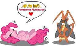 Size: 860x514 | Tagged: safe, artist:seaandsunshine, character:pinkie pie, species:earth pony, species:pony, crossover, duo, female, kricketune, laughing, mare, moustache, on back, pokémon, simple background, transparent background, vector