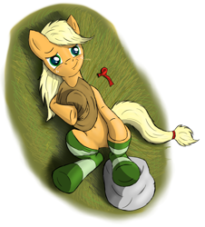 Size: 2368x2616 | Tagged: safe, artist:cluvry, character:applejack, species:earth pony, species:pony, clothing, female, looking at you, loose hair, mare, on back, smiling, socks, solo, straw, striped socks
