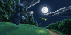 Size: 2000x1000 | Tagged: safe, artist:da-exile, character:princess luna, species:alicorn, species:pony, newbie artist training grounds, atg 2016, butterfly net, cloud, female, firefly, forest, grass, missing accessory, moon, mouth hold, night, outdoors, running, s1 luna, sky, solo, stars, tree