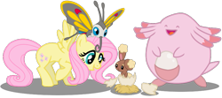 Size: 821x364 | Tagged: safe, artist:seaandsunshine, character:fluttershy, species:pegasus, species:pony, beautifly, birth, buneary, chansey, crossover, eggshell, female, hatching, mare, pokémon, raised hoof, simple background, spread wings, transparent background, vector, wings