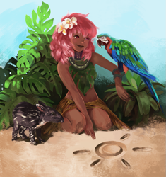 Size: 941x1000 | Tagged: safe, artist:yanabau, character:princess celestia, species:human, species:parrot, alternate hairstyle, alternate universe, au:eqcl, belly button, cewestia, child, clothing, cute, dark skin, drawing, filly, flower, flower in hair, grass skirt, humanized, kneeling, midriff, pink-mane celestia, sand, sitting, skirt, smiling, sun, tapir, younger