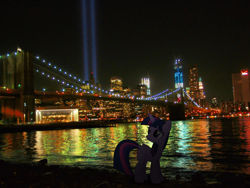Size: 2736x2052 | Tagged: safe, artist:harpycross, character:twilight sparkle, character:twilight sparkle (alicorn), species:alicorn, species:pony, 9/11, bridge, building, female, irl, light beams, manehattan, manhattan, mare, memorial, memories, never forget, new york city, photo, ponies in real life, remember, remembrance, respect, solo, spread wings, tragedy, twin towers, vector, wings, world trade center
