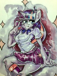 Size: 600x800 | Tagged: safe, artist:onat, part of a set, character:twilight sparkle, species:anthro, my little pony:equestria girls, boots, clothing, equestria girls outfit, female, glasses, irl, paper, photo, pinup, pleated skirt, shoes, skirt, socks, solo, thighs, traditional art, watercolor painting, wip