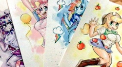 Size: 600x330 | Tagged: safe, artist:onat, character:applejack, character:pinkie pie, character:rainbow dash, character:twilight sparkle, character:twilight sparkle (alicorn), species:alicorn, species:anthro, my little pony:equestria girls, apple, boots, bracelet, breasts, busty applejack, busty pinkie pie, busty rainbow dash, busty twilight sparkle, clothing, compression shorts, cowboy hat, cutie mark, denim skirt, equestria girls outfit, female, food, glasses, hat, hybrid, irl, jewelry, miniskirt, paper, photo, pinup, pleated skirt, shoes, shorts, skirt, socks, stetson, table, thighs, traditional art, watercolor painting, wip