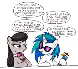 Size: 1814x1608 | Tagged: safe, artist:thedarklordkeisha, character:dj pon-3, character:octavia melody, character:vinyl scratch, species:earth pony, species:pony, species:unicorn, ship:scratchtavia, alcohol, bow tie, description at source, drink, female, flirting, food, glass, lemon, lesbian, mare, shipping, tsundere, wine, wine glass