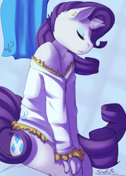 Size: 2226x3111 | Tagged: safe, artist:snofu, character:rarity, species:anthro, bottomless, clothing, female, solo