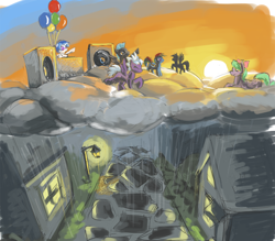 Size: 1200x1050 | Tagged: safe, artist:da-exile, character:cloudchaser, character:dj pon-3, character:flitter, character:rainbow dash, character:thunderlane, character:vinyl scratch, species:pegasus, species:pony, species:unicorn, newbie artist training grounds, atg 2016, balloon, bow, building, cloud, dancing, female, hair bow, male, mare, on a cloud, outdoors, party, prone, rain, sky, speakers, stallion, streetlight, sunset