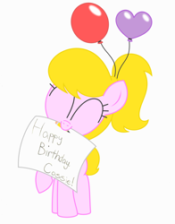 Size: 2080x2656 | Tagged: safe, artist:sny-por, oc, oc only, oc:lola balloon, ^^, balloon, birthday, cute, eyes closed, mouth hold, note, paper, pencil, ponytail, simple background, white background