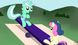 Size: 2850x1657 | Tagged: safe, artist:kyojiogami, character:bon bon, character:lyra heartstrings, character:sweetie drops, species:earth pony, species:pony, species:unicorn, cute, duo, female, filly, foal, happy, seesaw, younger