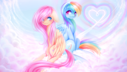 Size: 1920x1080 | Tagged: safe, artist:x-piiu, character:fluttershy, character:rainbow dash, species:pony, ship:flutterdash, cloud, cute, dashabetes, female, heart, lesbian, looking at each other, looking back, mare, on a cloud, rainbow, shipping, shyabetes, sitting