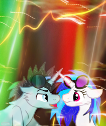 Size: 1024x1214 | Tagged: safe, artist:neonspirit17, character:dj pon-3, character:neon lights, character:rising star, character:vinyl scratch, bedroom eyes, blushing, embarrassed, eye contact, flirting, leaning, looking at each other, male, nervous, not sure if want, shipping, smiling, straight, unsure, vinylights