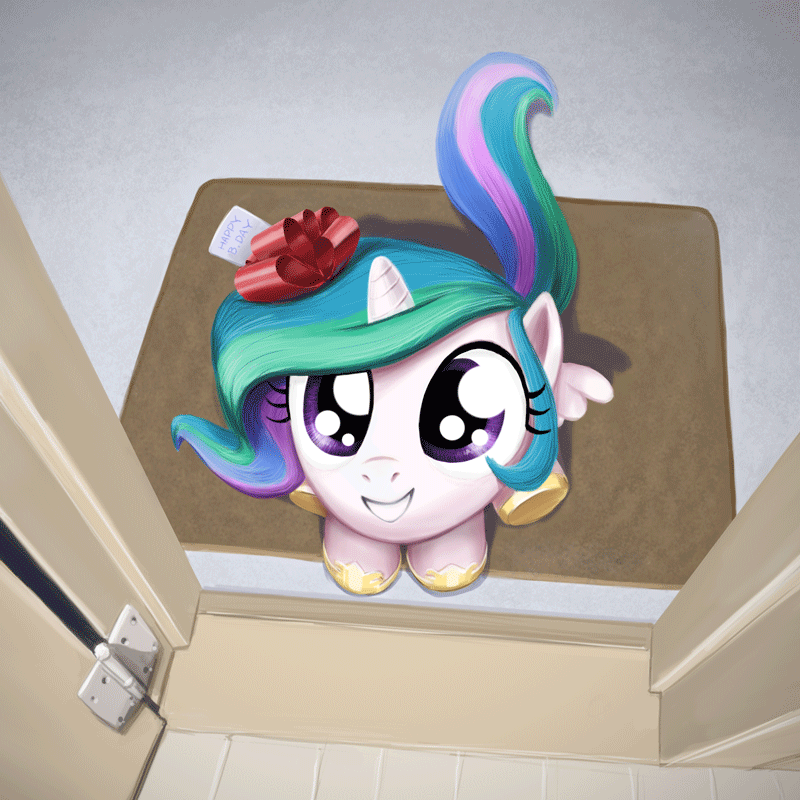 Size: 800x800 | Tagged: safe, artist:averagedraw, character:princess celestia, species:alicorn, species:pony, animated, birthday, cewestia, chibi, cute, cutelestia, dawwww, door, doormat, eye shimmer, female, filly, gif, grin, hnnng, looking at you, looking up, ribbon, sitting, smiling, solo, weapons-grade cute