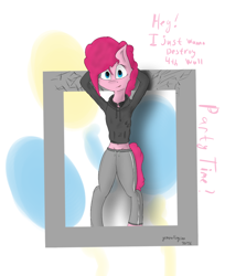Size: 900x1102 | Tagged: safe, artist:generallegion, character:pinkie pie, species:anthro, species:unguligrade anthro, clothing, cutie mark, engrish, female, fourth wall, hoodie, looking at you, midriff, pants, simple background, smiling, solo, sweatpants, white background