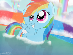 Size: 1600x1200 | Tagged: safe, artist:bvsquare, character:rainbow dash, species:pony, backwards cutie mark, cute, female, floating, mare, rainbow waterfall, smiling, solo, swimming, water, winsome falls