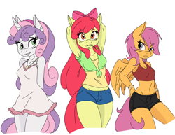 Size: 1280x989 | Tagged: safe, artist:ambris, artist:fluttershysone, edit, character:apple bloom, character:scootaloo, character:sweetie belle, species:anthro, species:earth pony, species:pegasus, species:pony, species:unicorn, adorabloom, arm behind back, arm behind head, armband, armpits, belly button, clothing, colored, cute, cutealoo, cutie mark crusaders, denim shorts, diasweetes, dress, ear piercing, earring, female, food, frilly dress, front knot midriff, green eyes, hand on hip, happy, hay stalk, headband, jewelry, looking at you, midriff, necklace, older, orange eyes, orange fur, piercing, ponytail, purple eyes, sexy, short hair, shorts, simple background, smiling, smug, sports bra, straw in mouth, sultry pose, tail, tank top, teenager, thighs, trio, trio female, wheat, white background, wings, yellow fur