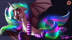 Size: 1000x563 | Tagged: safe, artist:autello, character:princess celestia, species:bat pony, species:pony, bat wings, belly, belly button, clothing, female, glow, glowing mane, looking at you, nightmare fuel, socks, solo, striped socks