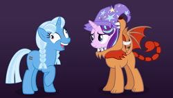 Size: 1920x1080 | Tagged: safe, artist:ohitison, character:starlight glimmer, character:trixie, species:pony, species:unicorn, clothing, costume, equal cutie mark, exploitable meme, i didn't listen, manticore, meme