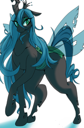 Size: 1267x1920 | Tagged: safe, artist:cakewasgood, character:queen chrysalis, species:changeling, bugbutt, changeling queen, curvy, eyeshadow, female, grin, large butt, lidded eyes, looking back, makeup, smiling, solo
