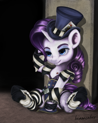 Size: 2800x3500 | Tagged: safe, artist:beamsaber, character:rarity, borderlands, clothing, cosplay, costume, female, hoof boots, mad moxxi, sitting, solo