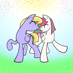 Size: 1000x1000 | Tagged: safe, artist:cosmicwaltz, character:blossomforth, character:cloud kicker, species:pegasus, species:pony, ship:cloudforth, eyes closed, female, lesbian, mare, raised hoof, shipping, smiling