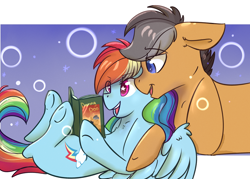 Size: 1024x734 | Tagged: dead source, safe, artist:shiny-cooler, character:daring do, character:quibble pants, character:rainbow dash, species:earth pony, species:pegasus, species:pony, ship:quibbledash, book, chest fluff, colored pupils, cuddling, ear fluff, female, male, mare, on back, reading, shipping, snuggling, spread wings, stallion, starry eyes, straight, underhoof, wingding eyes, wings