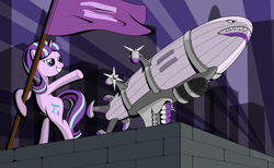 Size: 1024x631 | Tagged: safe, artist:diggerstrike, character:starlight glimmer, species:pony, airship, bipedal, bipedal leaning, command and conquer, crossover, equal sign, female, flag, grin, kirov airship, leaning, red alert 2, red alert 3, rocket, smiling, solo, stalin glimmer, underhoof