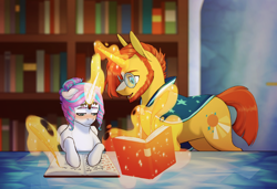 Size: 1500x1025 | Tagged: dead source, safe, artist:seleniium, character:princess flurry heart, character:sunburst, beard, blushing, book, facial hair, glowing horn, magic, older, quill, studying, stupid sexy sunburst, sunburst teaches flurry, teacher and student, telekinesis, uncle sunburst
