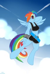 Size: 800x1186 | Tagged: safe, artist:muzz, character:rainbow dash, species:anthro, breasts, cleavage, female, midriff