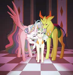 Size: 1448x1488 | Tagged: safe, artist:seleniium, character:princess celestia, character:thorax, oc, oc:celestial monarch, parent:princess celestia, parent:thorax, parents:thoralestia, species:alicorn, species:changeling, species:changepony, species:pony, species:reformed changeling, ship:thoralestia, episode:to where and back again, g4, my little pony: friendship is magic, changeling king, crown, curved horn, family, hybrid, interspecies offspring, jewelry, male, momlestia, nuzzling, offspring, one eye closed, raised hoof, regalia, shipping, spread wings, straight, wings