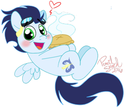 Size: 596x510 | Tagged: safe, artist:hufflepuffrave, character:soarin', species:pony, backwards cutie mark, chibi, cute, food, goggles, looking at you, male, pie, simple background, soarinbetes, solo, that pony sure does love pies, transparent background